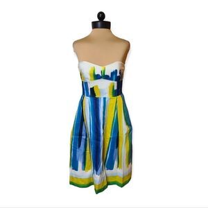Calvin Klein White Blue Green Yellow Watercolor Strapless dress Size 6